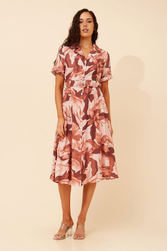 Image of Dresses. Product name - ALANIA FLORAL MIDI DRESS in Rosewood colour by brand - Caroline Morgan Australia