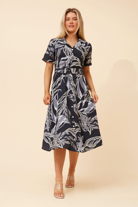 Image of Dresses. Product name - ALANIA LEAF PRINT MIDI DRESS in Navy colour by brand - Caroline Morgan Australia