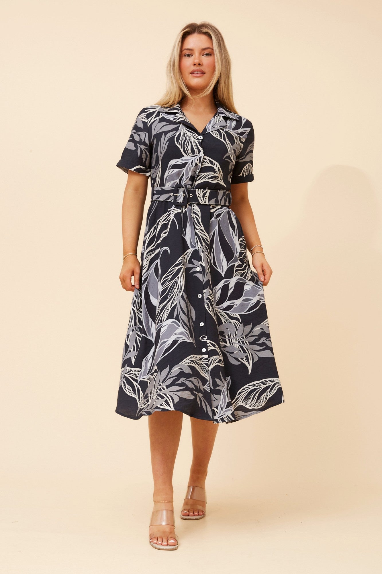 ALANIA LEAF PRINT MIDI DRESS (Navy)