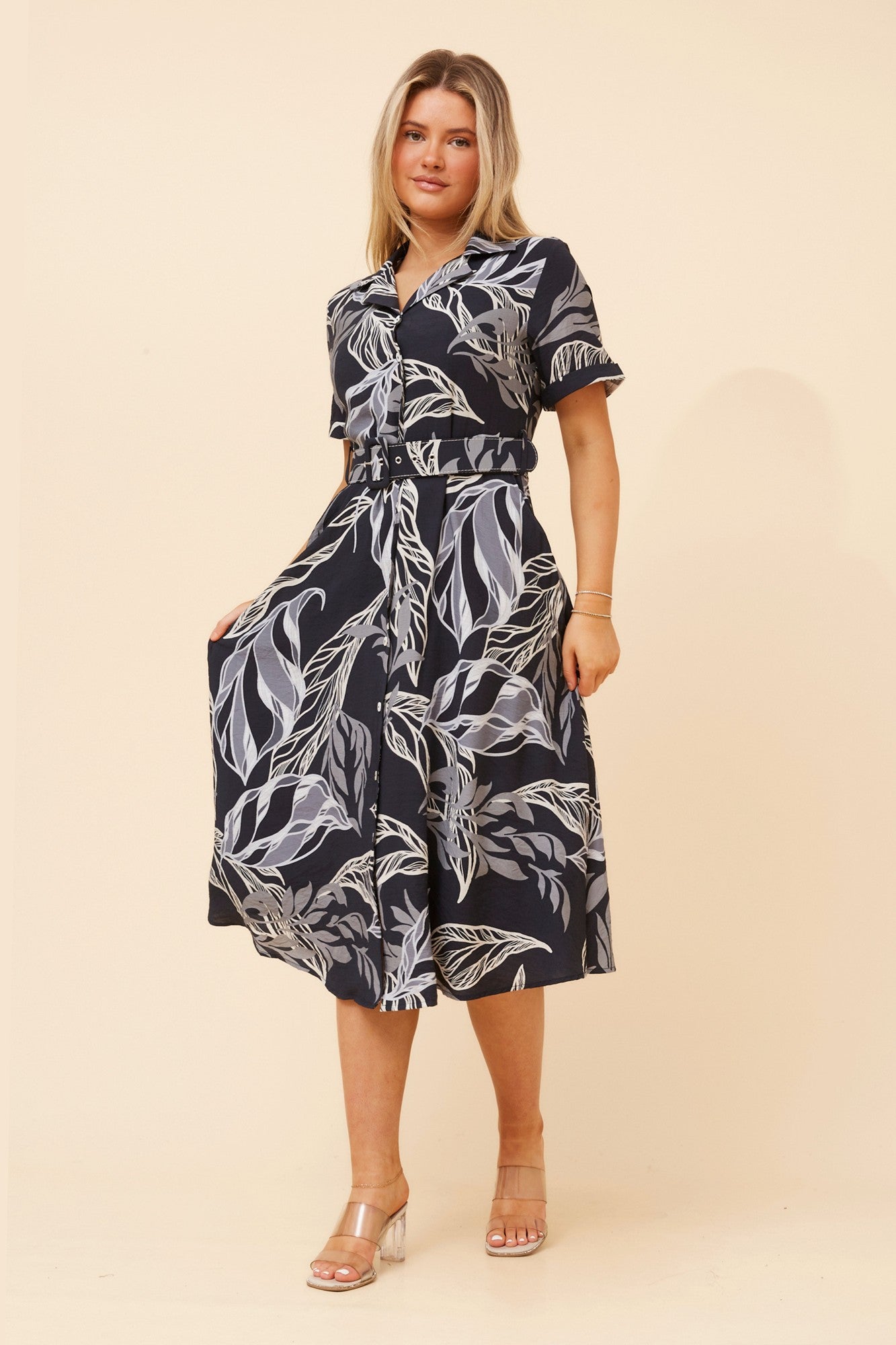 ALANIA LEAF PRINT MIDI DRESS (Navy)