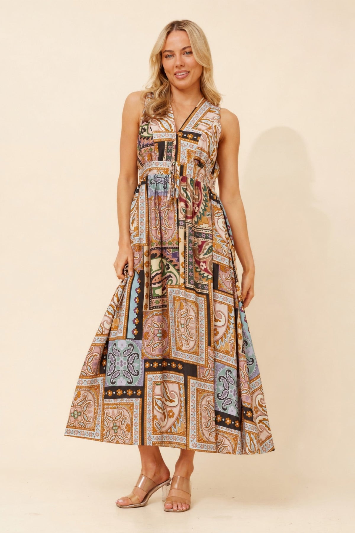 Caroline Morgan Australia MARA PATCHWORK PRINT MAXI DRESS (Beige)
