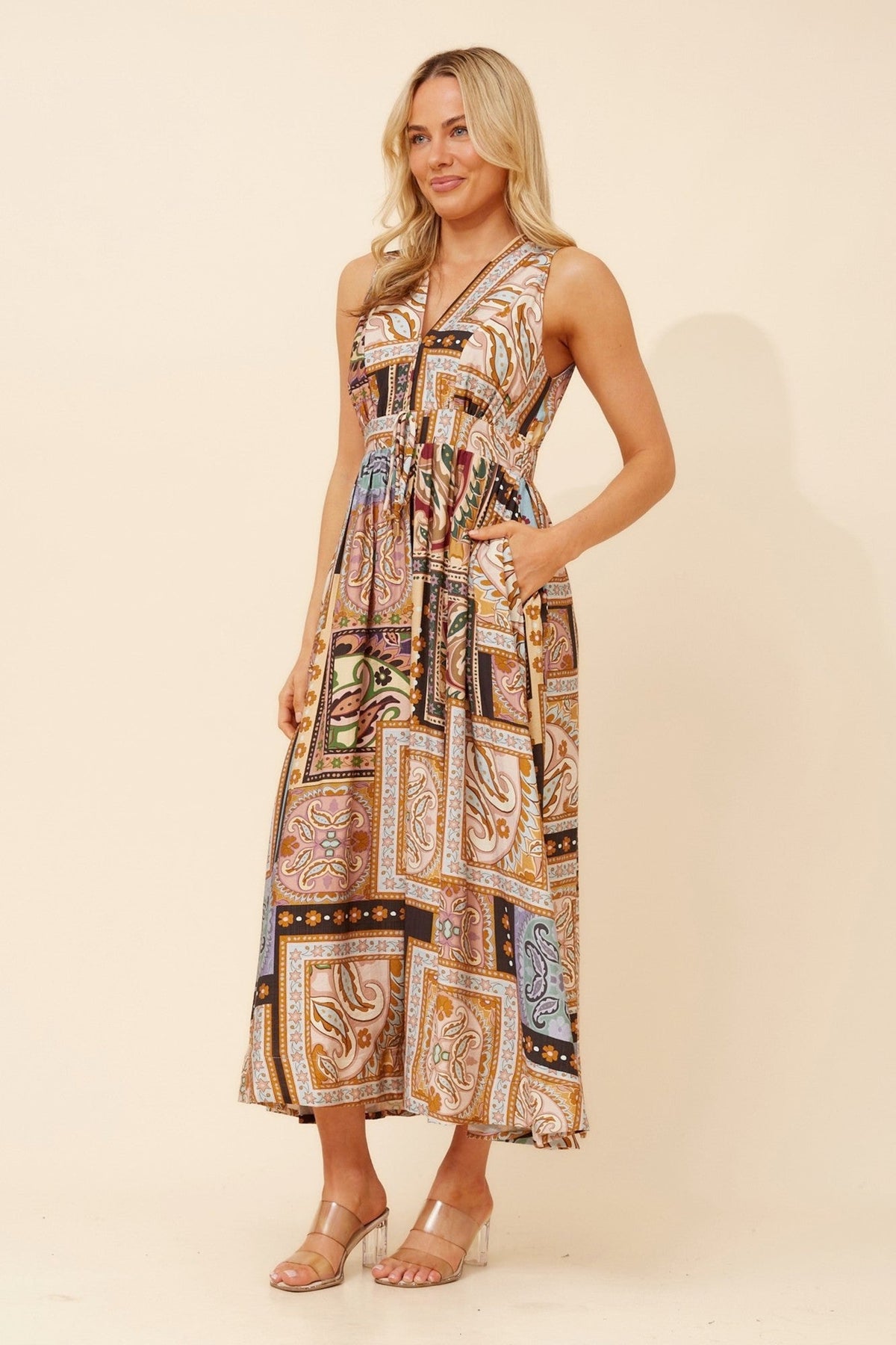 Caroline Morgan Australia MARA PATCHWORK PRINT MAXI DRESS (Beige)