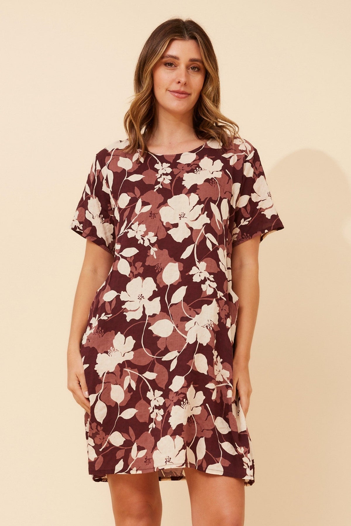 Image of Dresses. Product name - VINE FLORAL DRESS in Burgundy colour by brand - Caroline Morgan Australia
