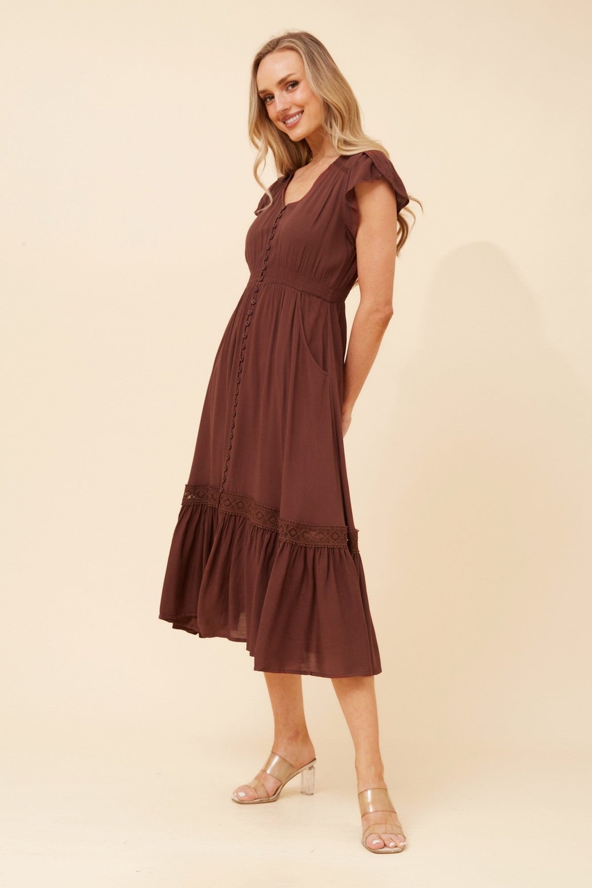 Image of Dresses. Product name - MOROCCO SOLID MIDI DRESS in Chocolate colour by brand - Caroline Morgan Australia