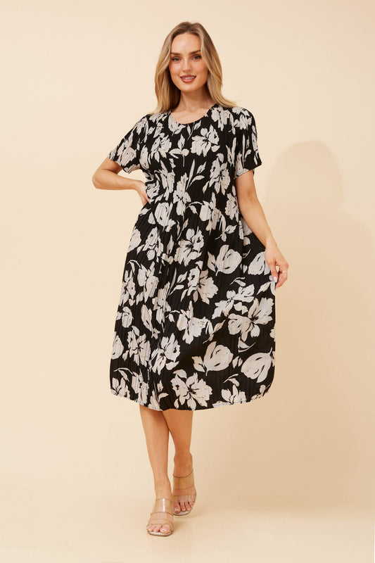 Image of Dresses. Product name - BERNIE FLORAL MIDI DRESS in Black And White colour by brand - Caroline Morgan Australia