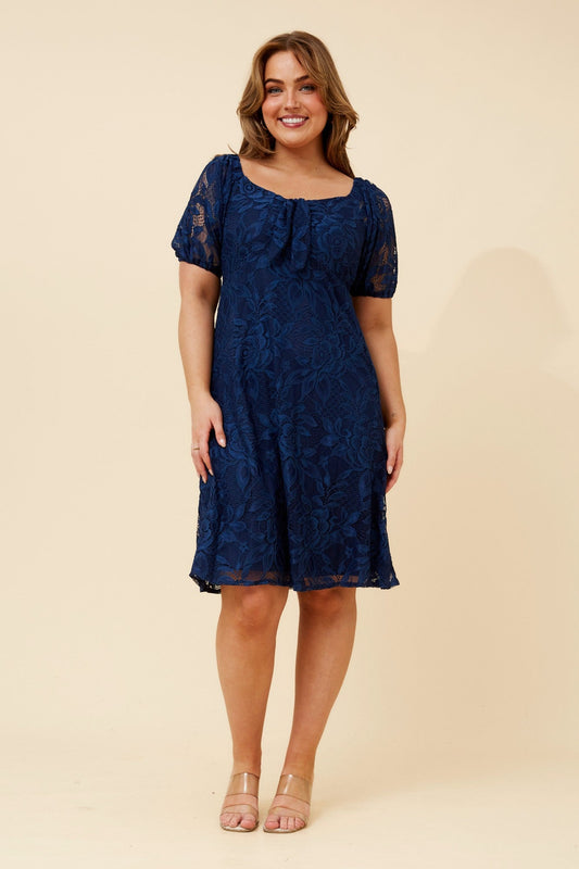 Image of Dresses. Product name - LAITH LACE DRESS in Navy colour by brand - Caroline Morgan Australia
