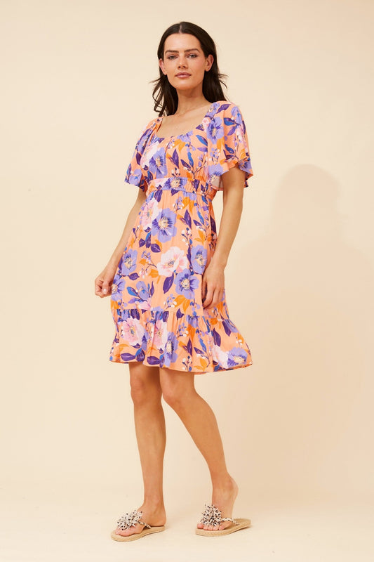 Image of Dresses. Product name - BELEN FLORAL SHORT DRESS in Melon colour by brand - Caroline Morgan Australia