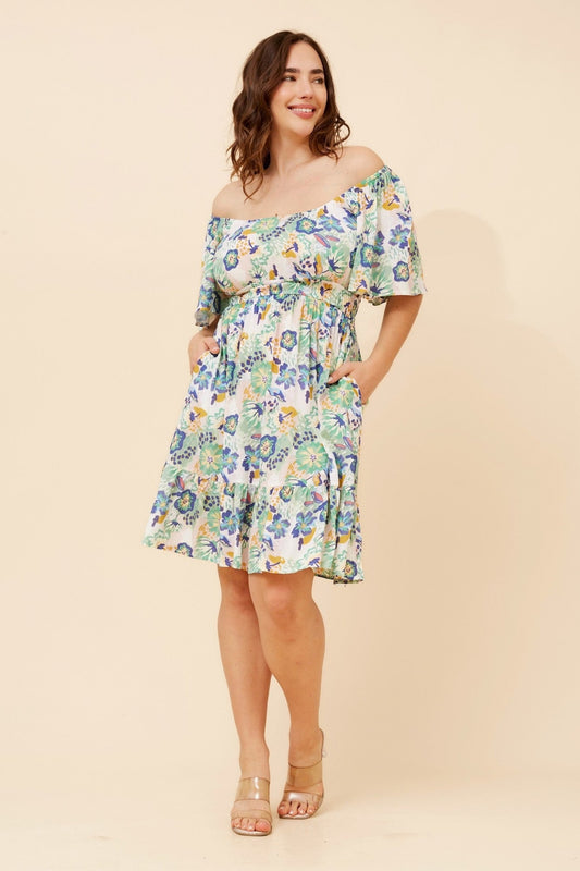 Image of Dresses. Product name - BELEN FLORAL SHORT DRESS in Multi Green colour by brand - Caroline Morgan Australia