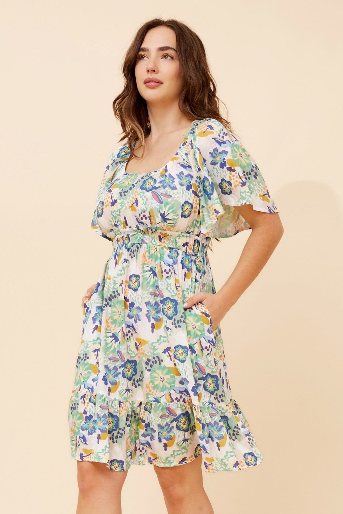 BELEN FLORAL SHORT DRESS (Multi Green)