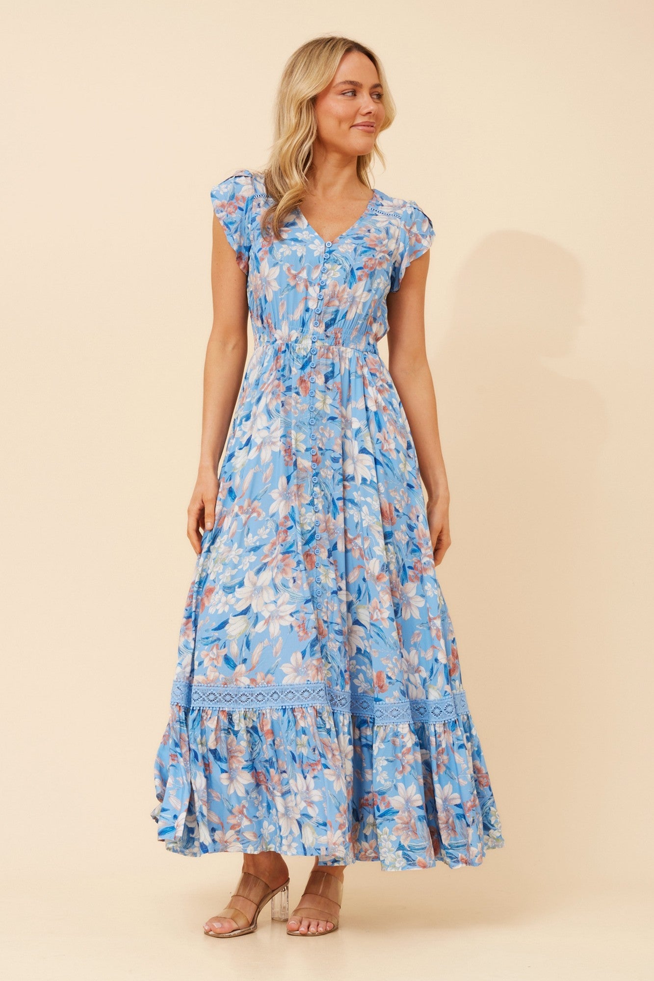 Image of Dresses. Product name - MOROCCO FLORAL MAXI DRESS in Blue colour by brand - Caroline Morgan Australia
