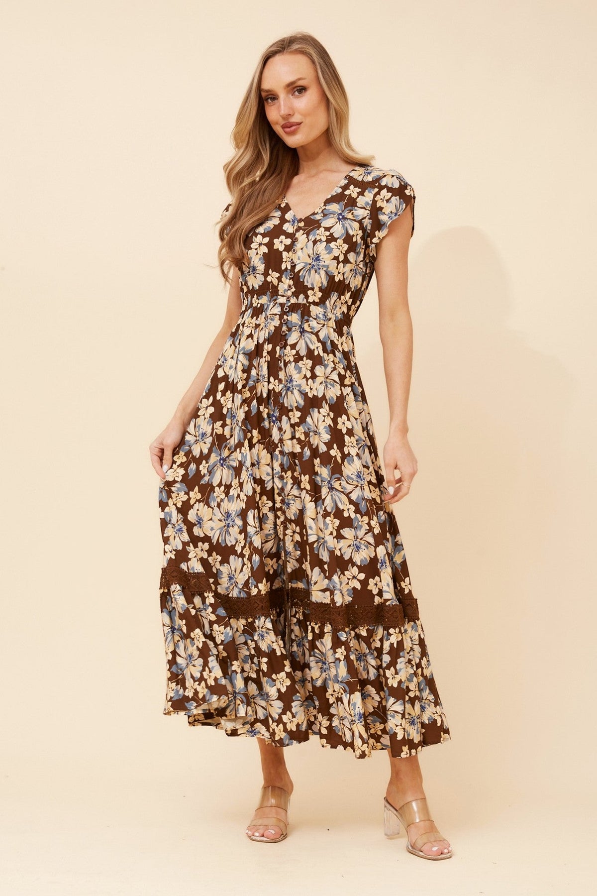 Image of Dresses. Product name - MOROCCO FLORAL MAXI DRESS in Chocolate colour by brand - Caroline Morgan Australia