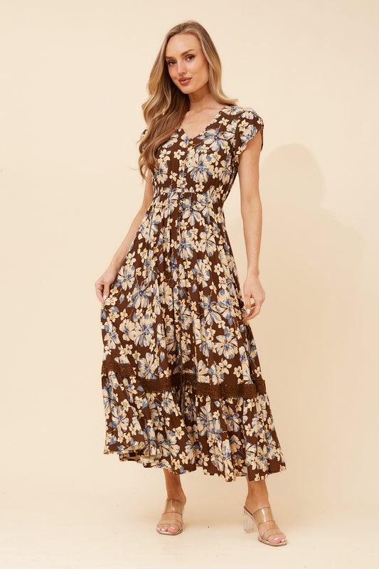 Image of Dresses. Product name - MOROCCO FLORAL MAXI DRESS in Chocolate colour by brand - Caroline Morgan Australia