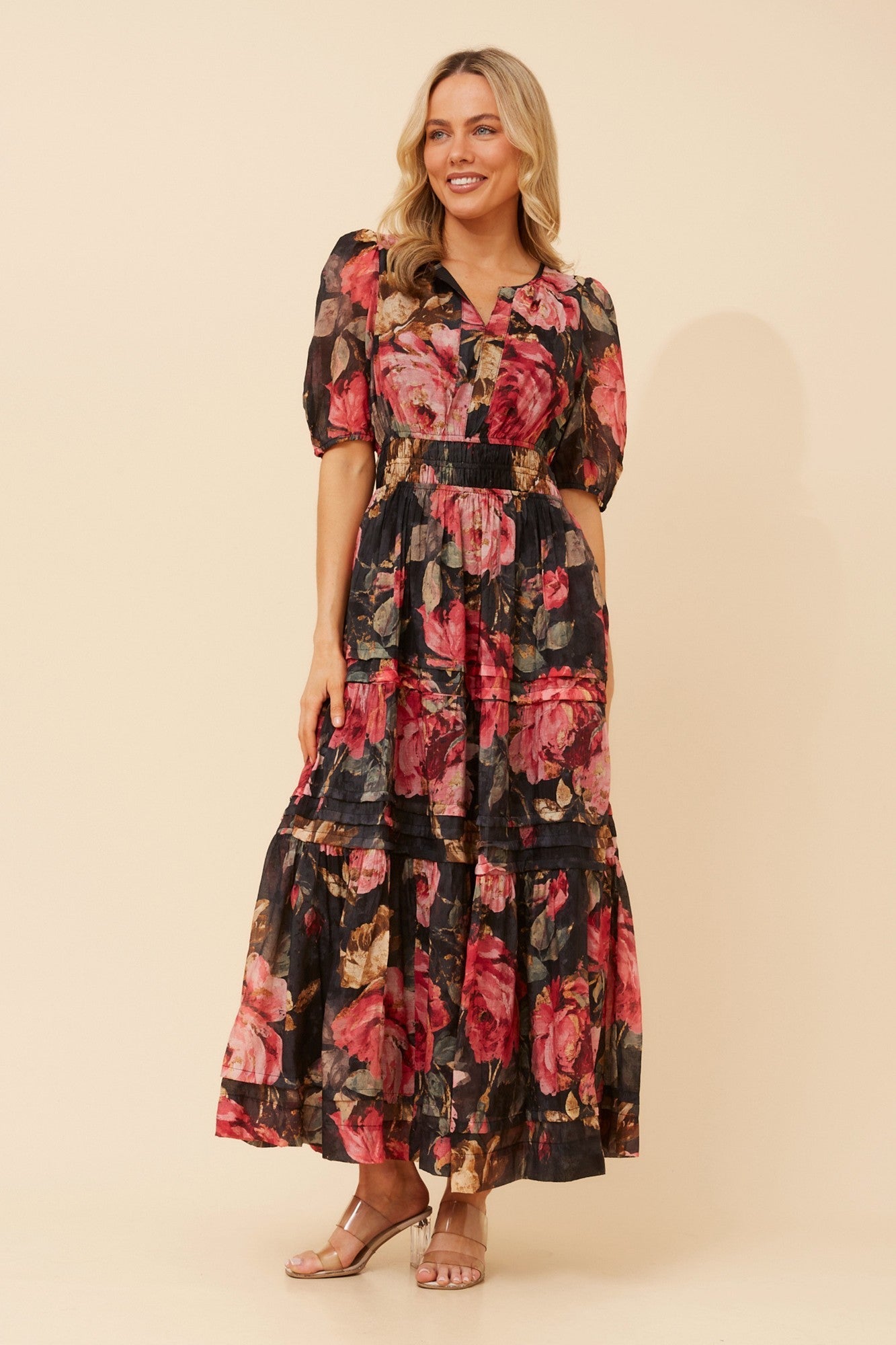 Image of Dresses. Product name - VIENNE FLORAL MAXI DRESS in Hot Pink colour by brand - Stella + Biancca