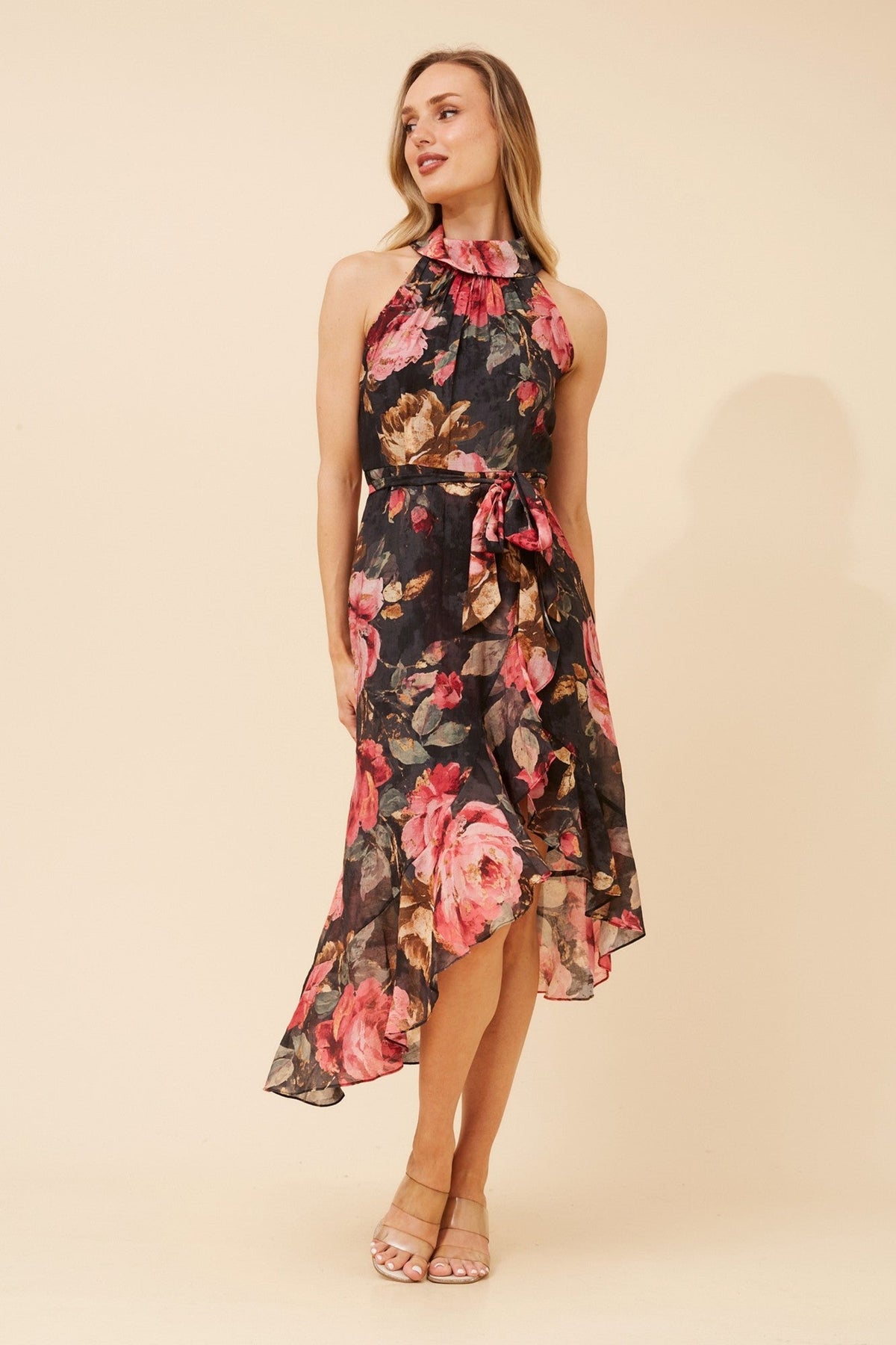Image of Dresses. Product name - RIO FLORAL MIDI DRESS in Multi Black colour by brand - Caroline Morgan Australia
