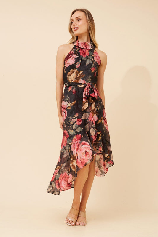 Image of Dresses. Product name - RIO FLORAL MIDI DRESS in Multi Black colour by brand - Caroline Morgan Australia