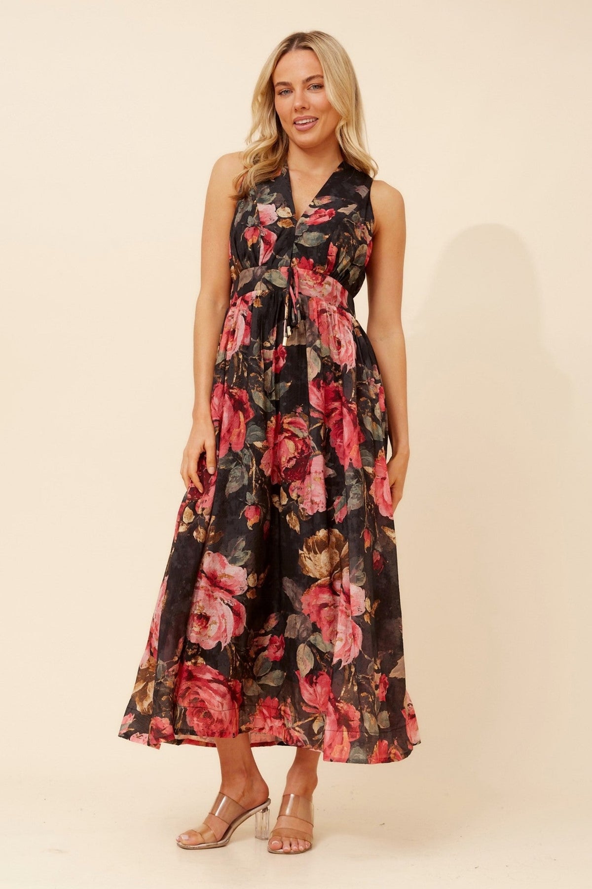 Image of Dresses. Product name - MARA FLORAL MAXI DRESS in Multi Black colour by brand - Caroline Morgan Australia