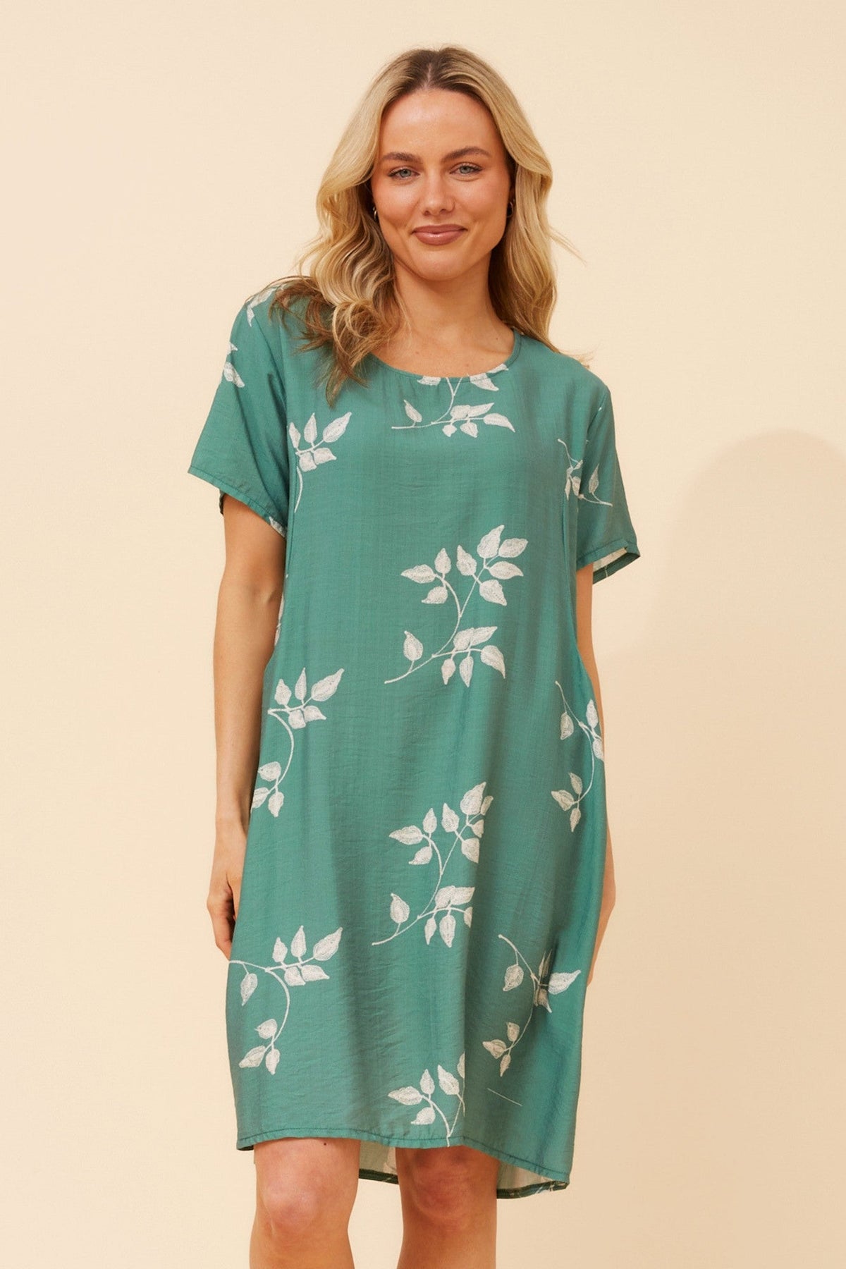 Image of Dresses. Product name - VINE LEAF PRINT SHIFT DRESS in Sage colour by brand - Caroline Morgan Australia