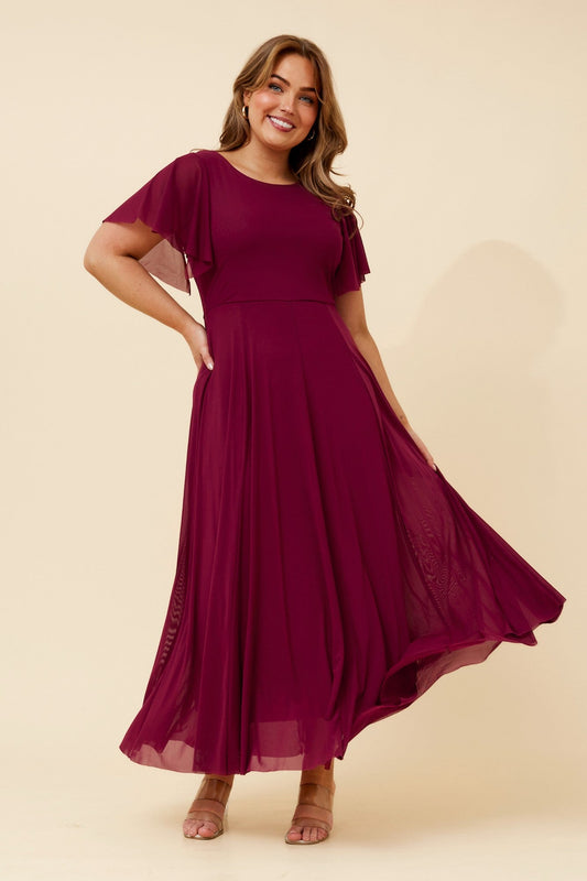 Image of Dresses. Product name - SELI MESH MAXI DRESS in Berry colour by brand - Caroline Morgan Australia
