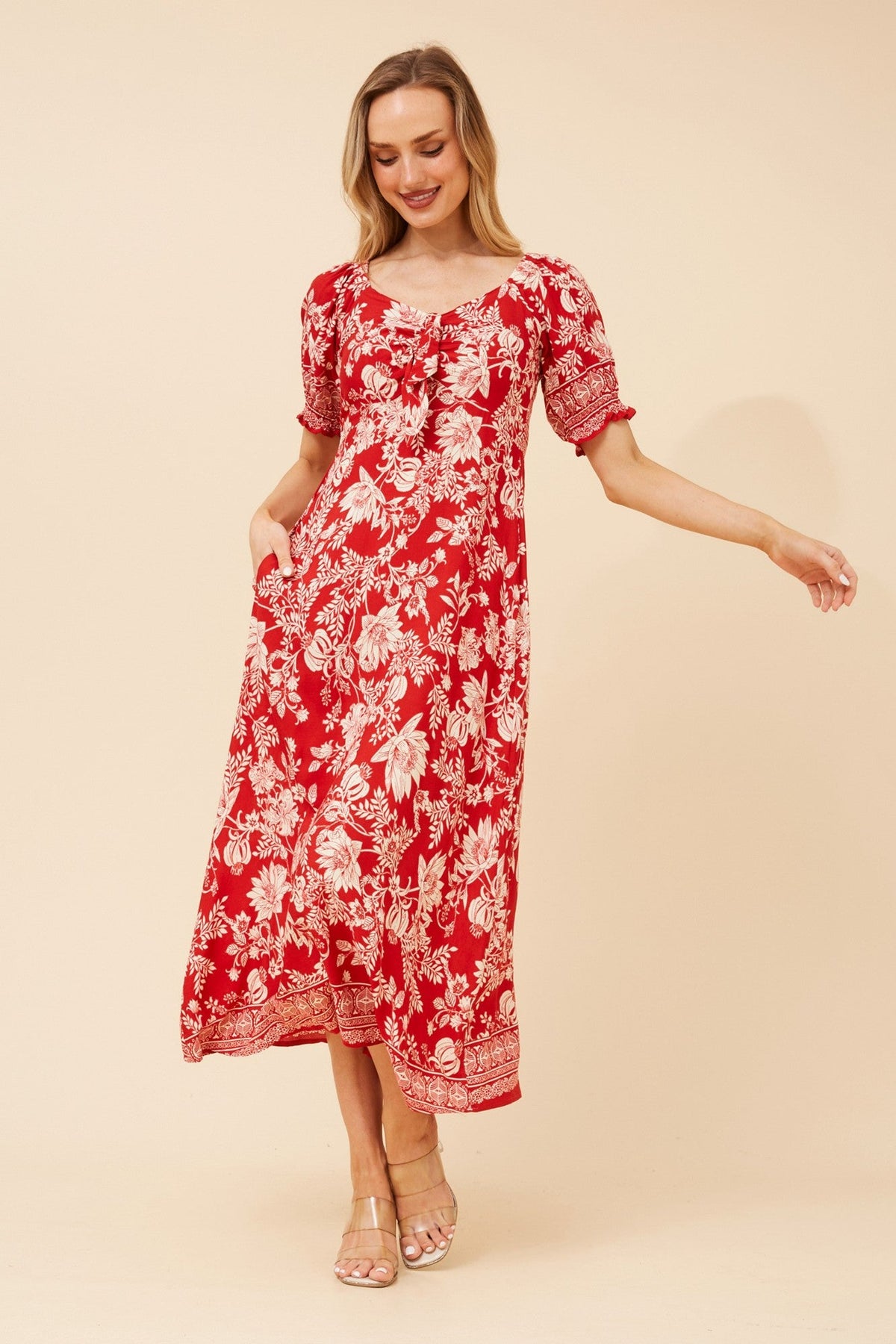 Image of Dresses. Product name - FAITH FLORAL MIDI DRESS in Red colour by brand - Caroline Morgan Australia