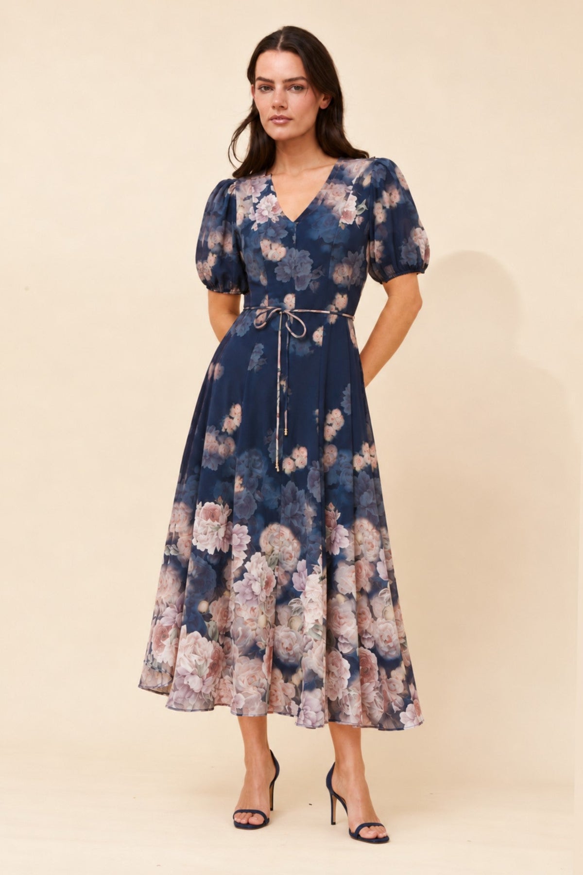 Image of Dresses. Product name - HAMAL FLORAL MIDI DRESS in Navy colour by brand - Stella + Biancca