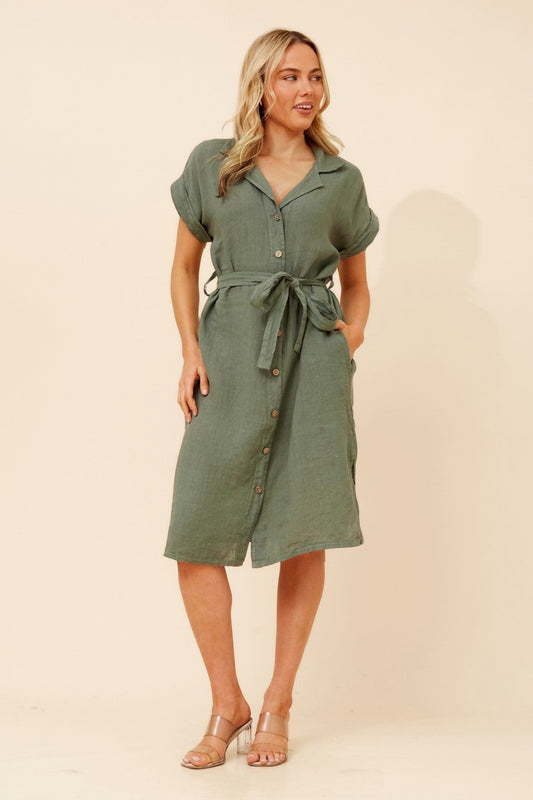 Image of Dresses. Product name - MIUCCA LINEN SHIRT DRESS in Rosewood colour by brand - BOTTEGA MODA