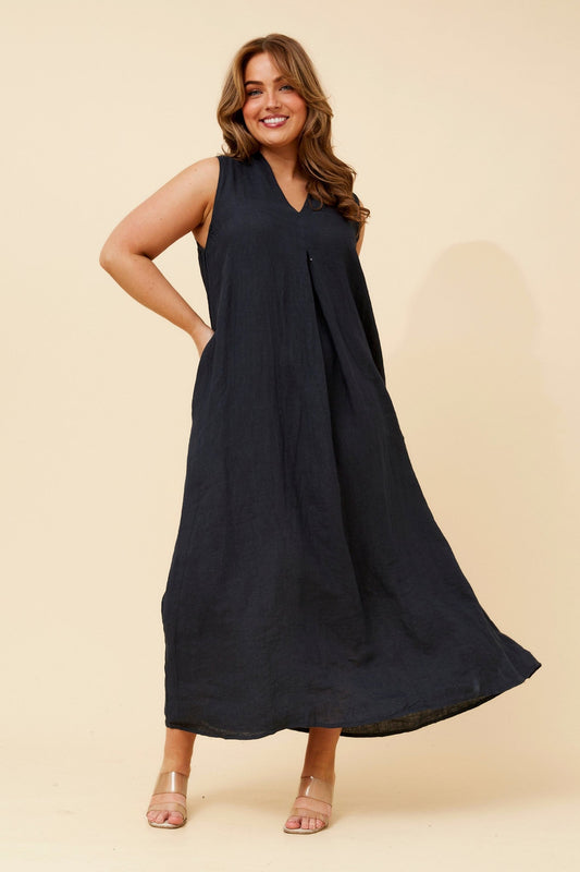 Image of Dresses. Product name - SARIAH LINEN MAXI DRESS in Navy colour by brand - BOTTEGA MODA