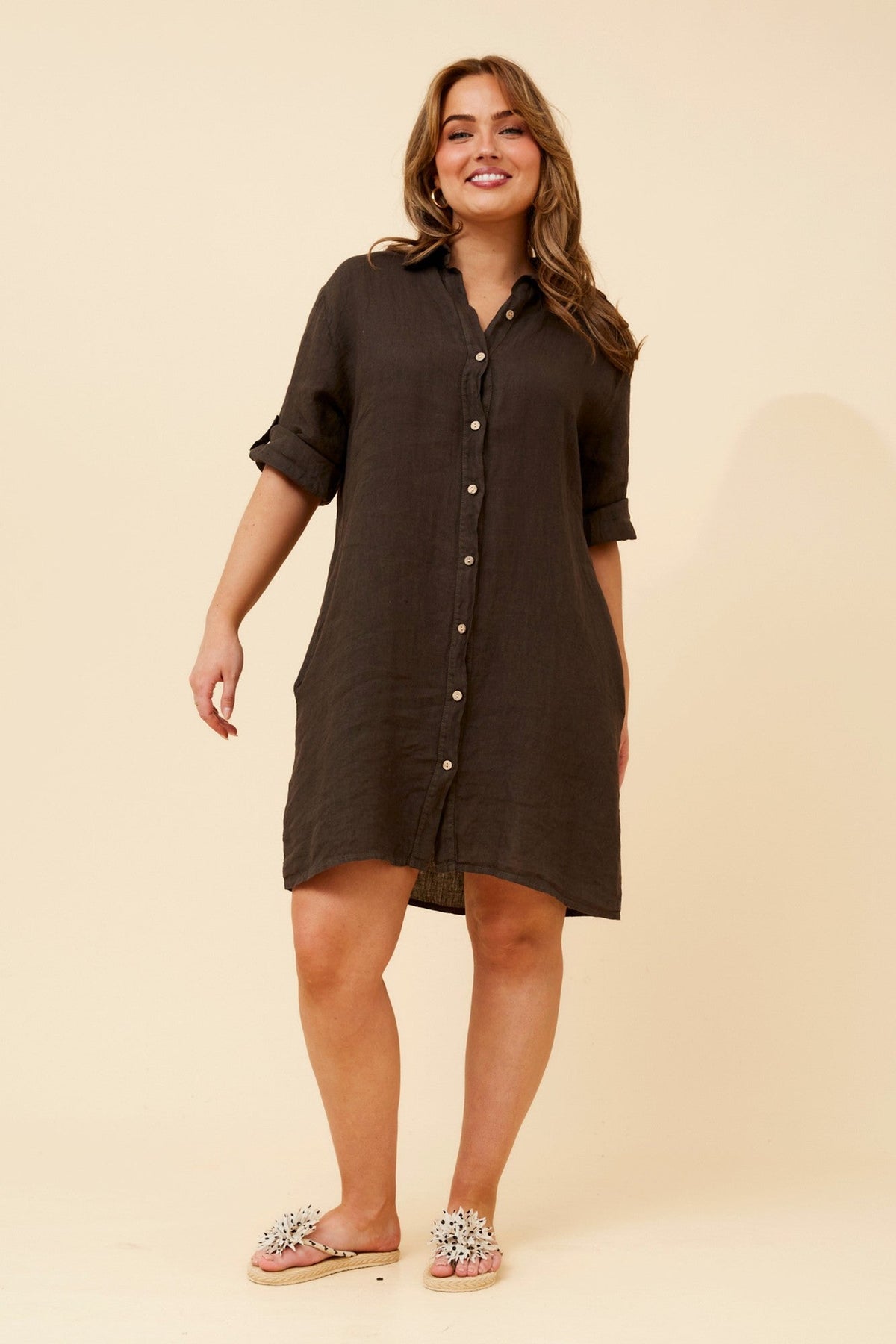 Image of Dresses. Product name - ANNIKA SOLID LINEN SHIFT DRESS in Bitter Chocolate colour by brand - BOTTEGA MODA
