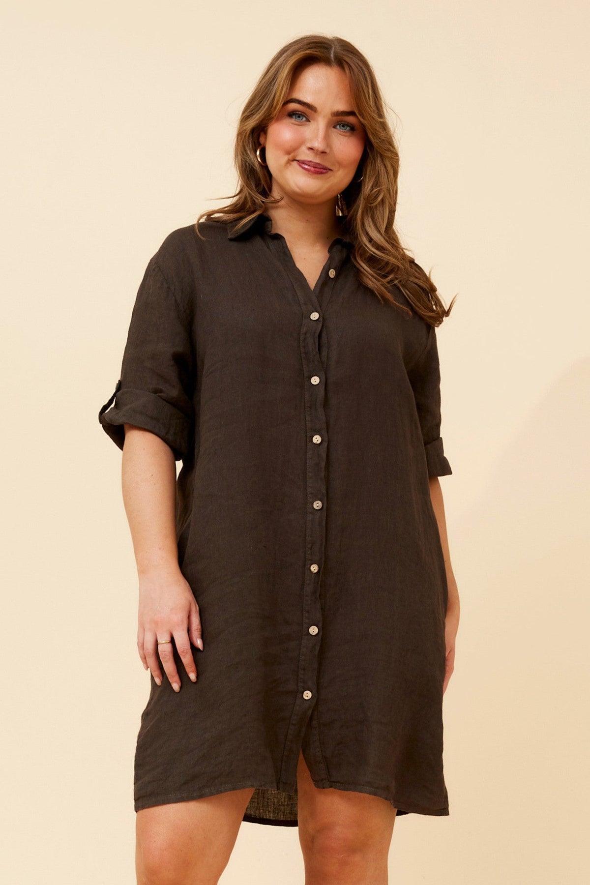 BOTTEGA MODA ANNIKA SOLID LINEN SHIFT DRESS (Bitter Chocolate)