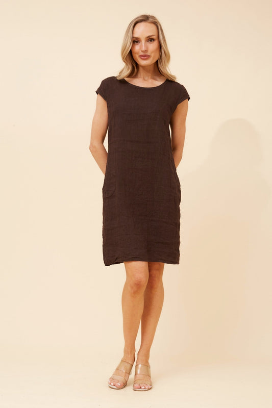 Image of Dresses. Product name - SISLEY SOLID LINEN DRESS in Bitter Chocolate colour by brand - BOTTEGA MODA