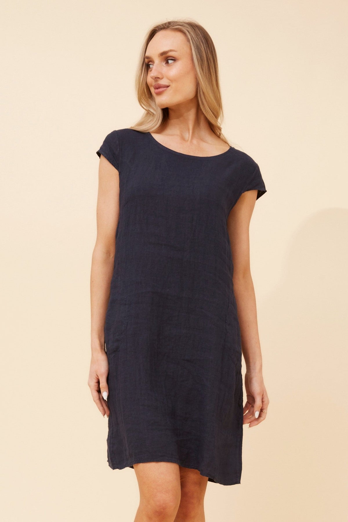 Image of Dresses. Product name - SISLEY SOLID LINEN DRESS in Navy colour by brand - BOTTEGA MODA