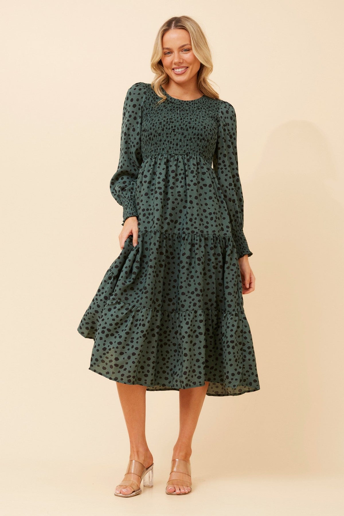 Image of Dresses. Product name - SHERRY ANIMAL PRINT MIDI DRESS in Sage colour by brand - Caroline Morgan Australia