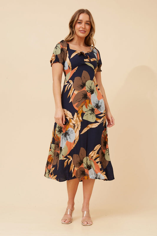 Image of Dresses. Product name - FAITH BOW FRONT MIDI DRESS in Multi Navy colour by brand - Caroline Morgan Australia