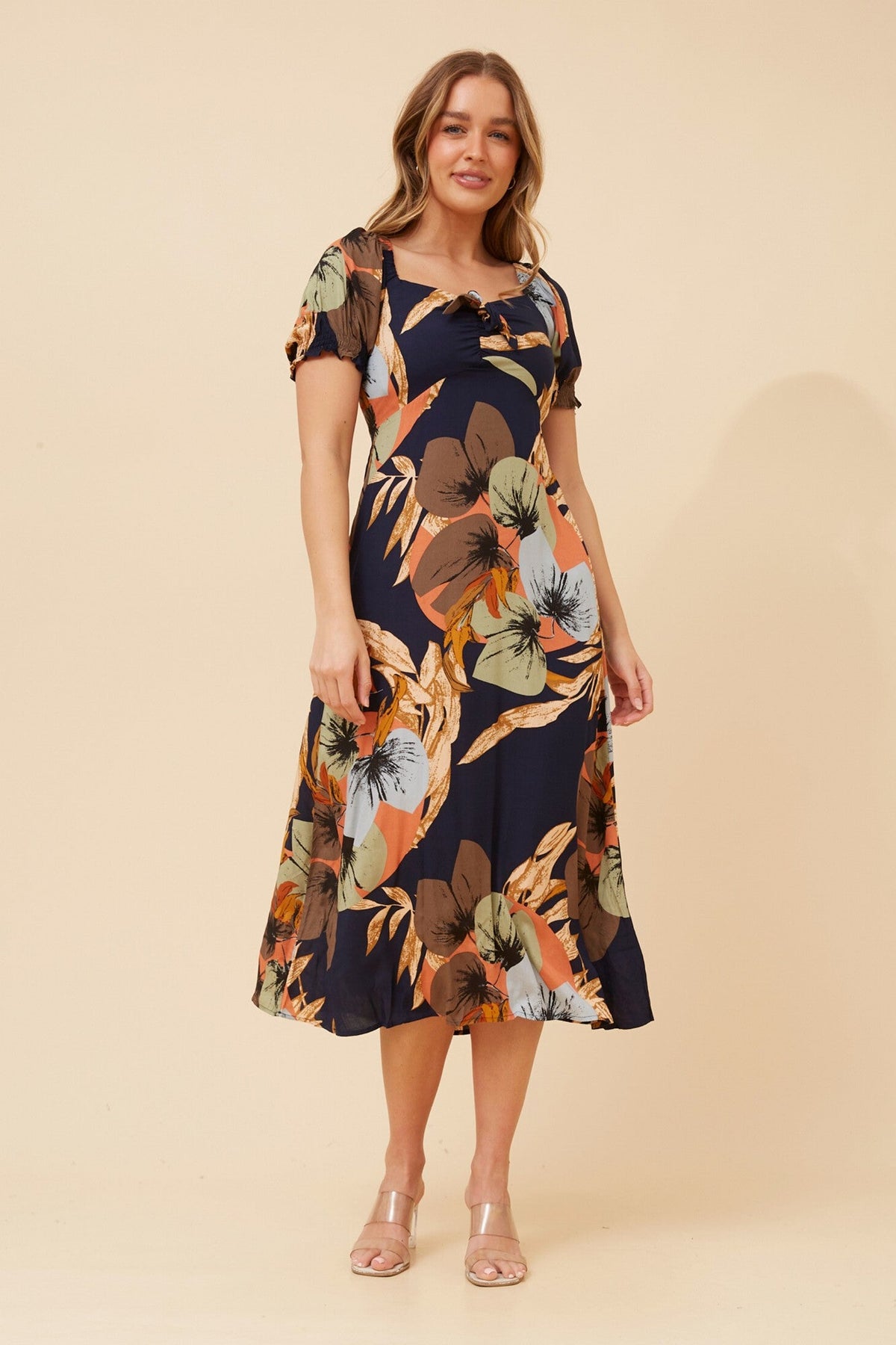 FAITH BOW FRONT MIDI DRESS (Multi Navy)