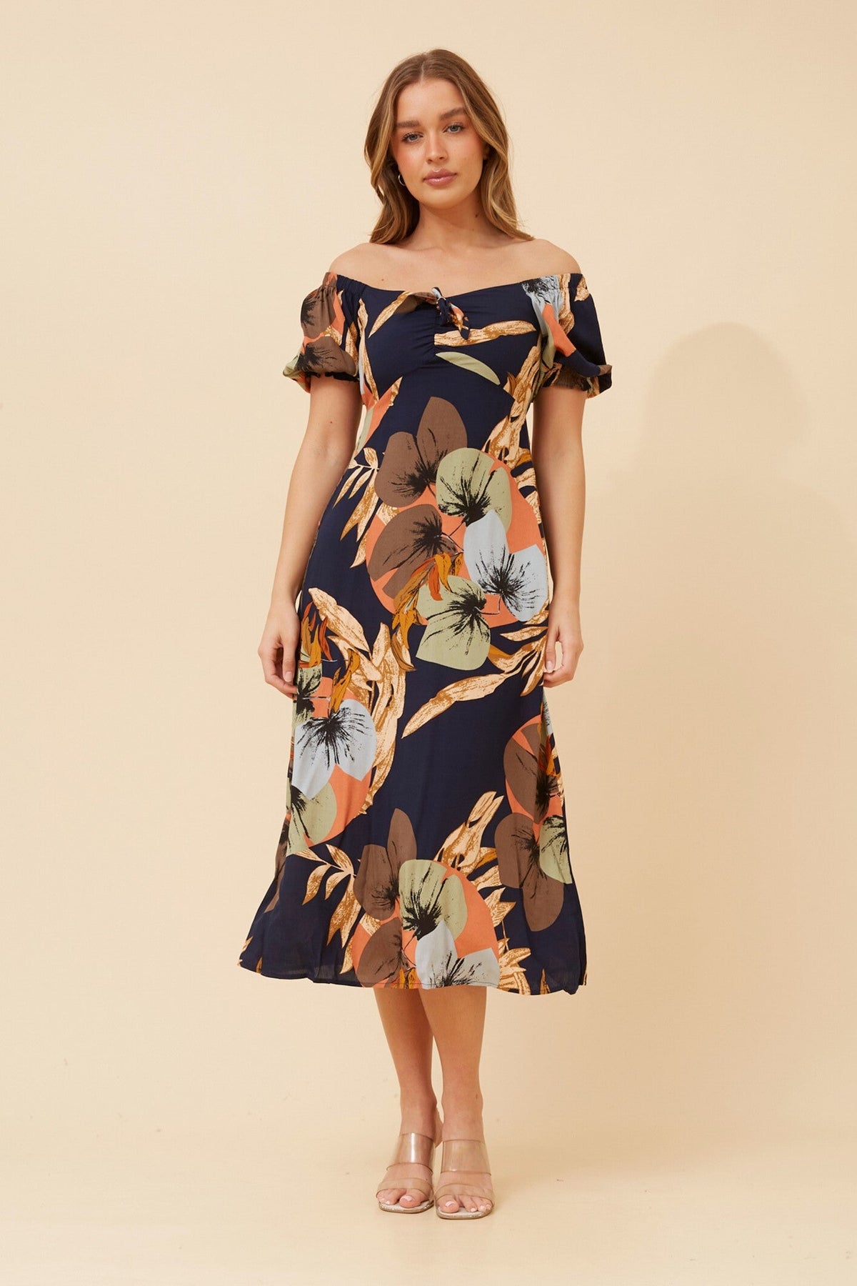 FAITH BOW FRONT MIDI DRESS (Multi Navy)