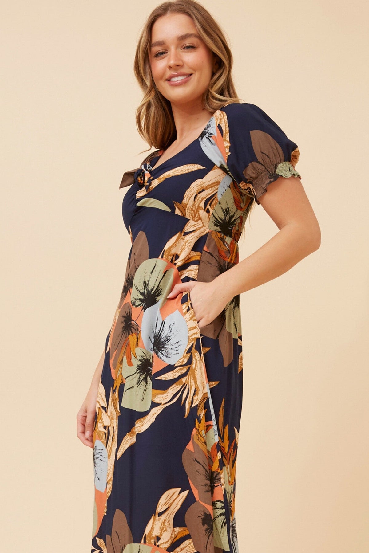FAITH BOW FRONT MIDI DRESS (Multi Navy)
