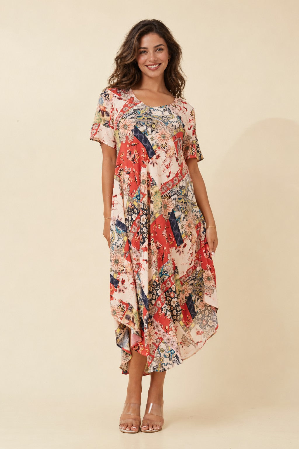 Image of Dresses. Product name - YESSICA PATCHWORK PRINT MIDI DRESS in Multi Beige colour by brand - Caroline Morgan Australia