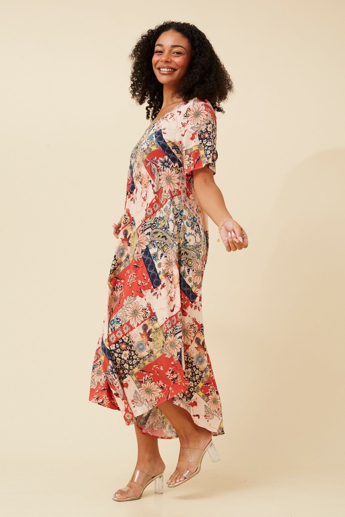 YESSICA PATCHWORK PRINT MIDI DRESS (Multi Beige)