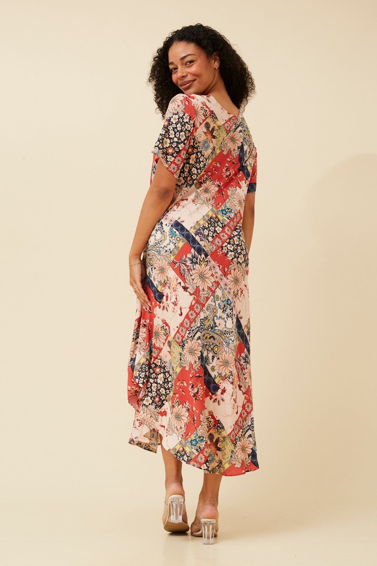 YESSICA PATCHWORK PRINT MIDI DRESS (Multi Beige)