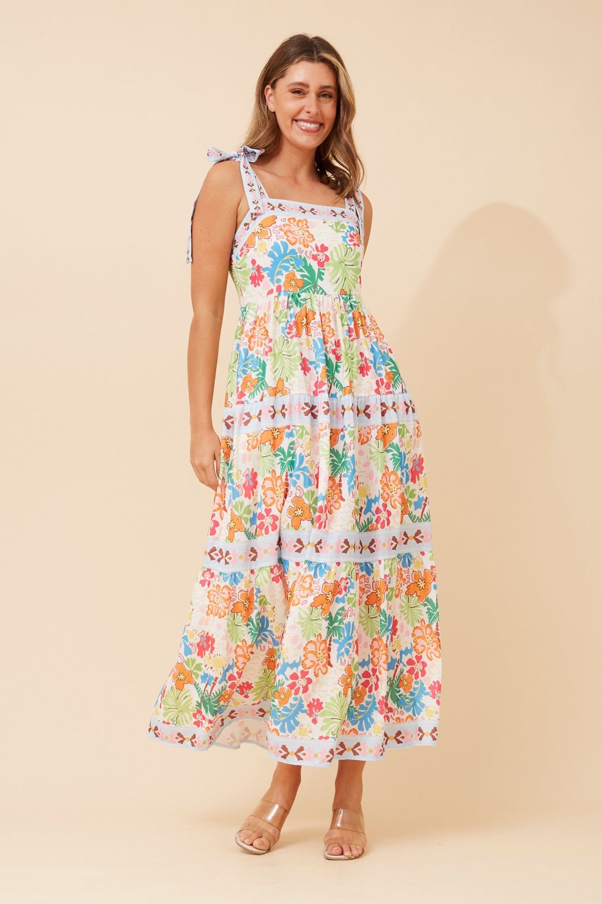 Image of Dresses. Product name - ORSOLA FLORAL DRESS in Multi Blue colour by brand - Caroline Morgan Australia