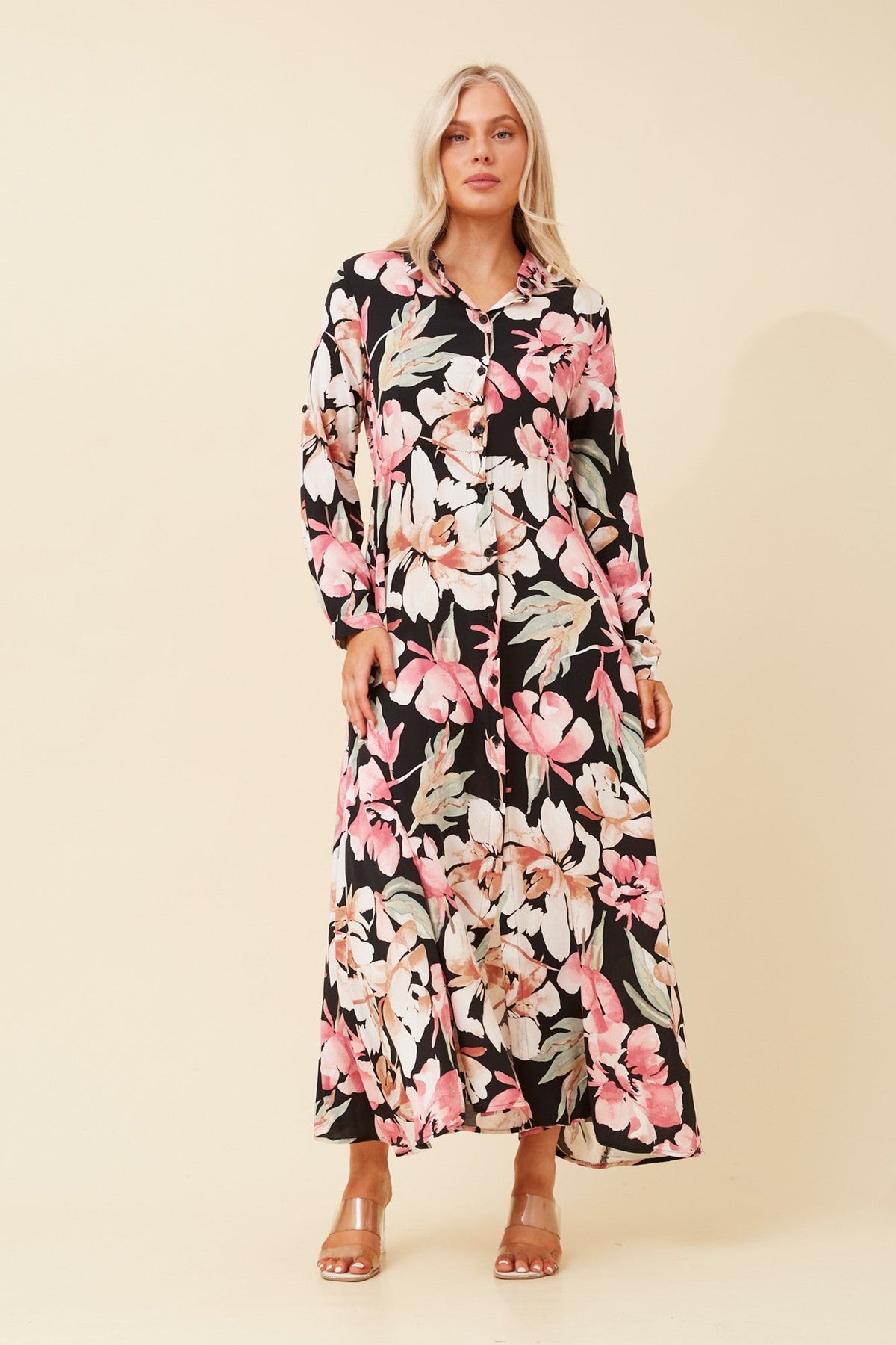 Image of Dresses. Product name - ADLER FLORAL MAXI DRESS in Multi Black colour by brand - Caroline Morgan Australia