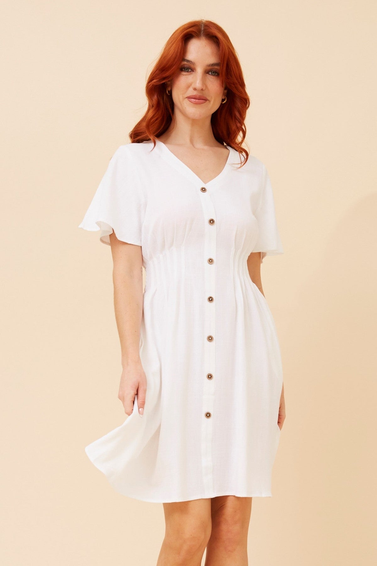 Image of Dresses. Product name - LAIKYN LINEN BLEND DRESS in Rosewood colour by brand - Caroline Morgan Australia