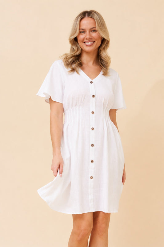Image of Dresses. Product name - LAIKYN LINEN BLEND DRESS in White colour by brand - Caroline Morgan Australia