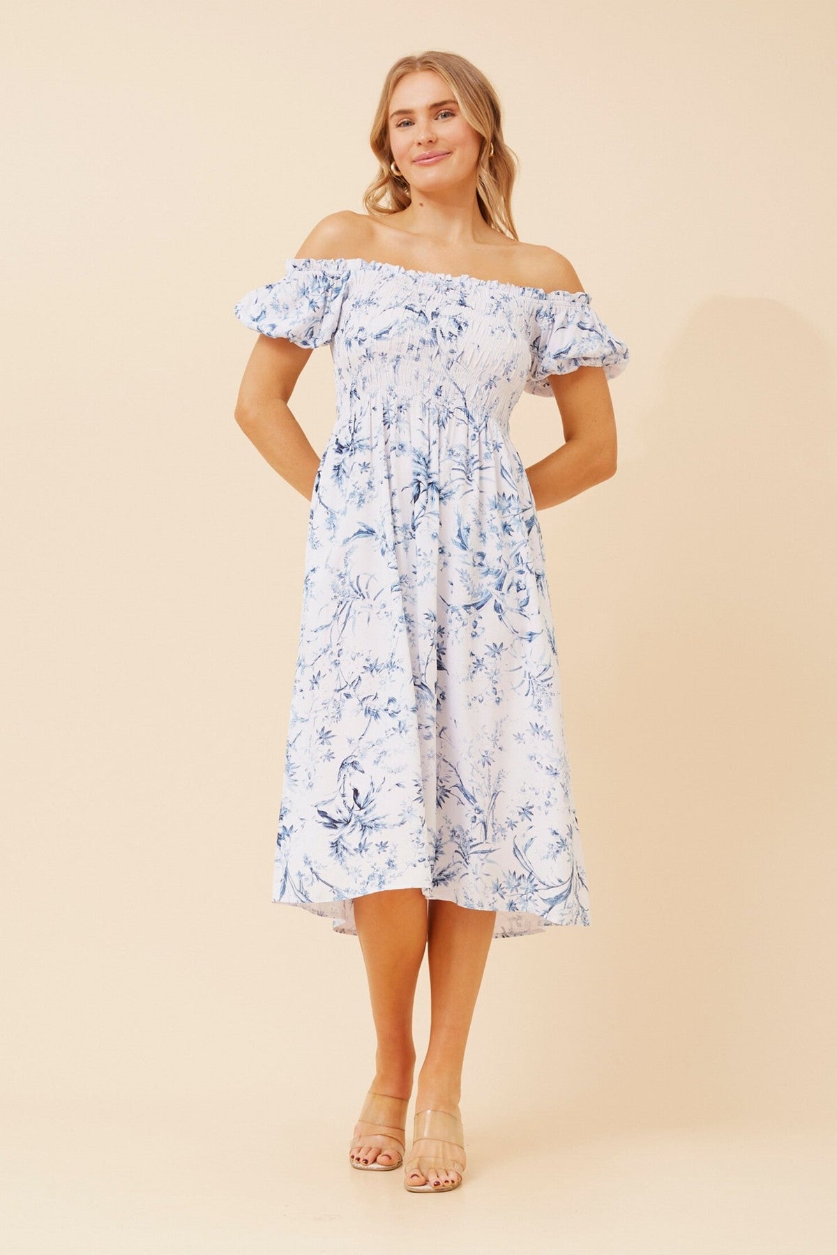 Image of Dresses. Product name - KEEVAH FLORAL OFF SHOULDER MIDI DRESS in Blue colour by brand - Caroline Morgan Australia