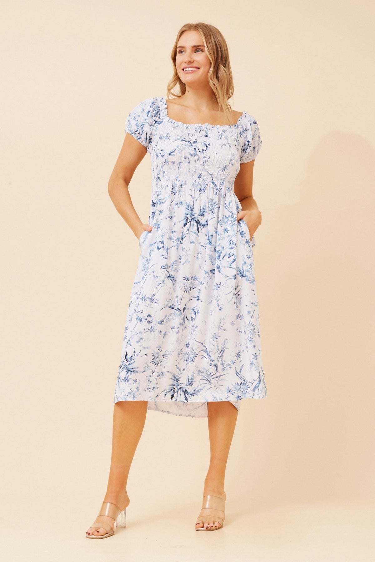 KEEVAH FLORAL OFF SHOULDER MIDI DRESS (Blue)
