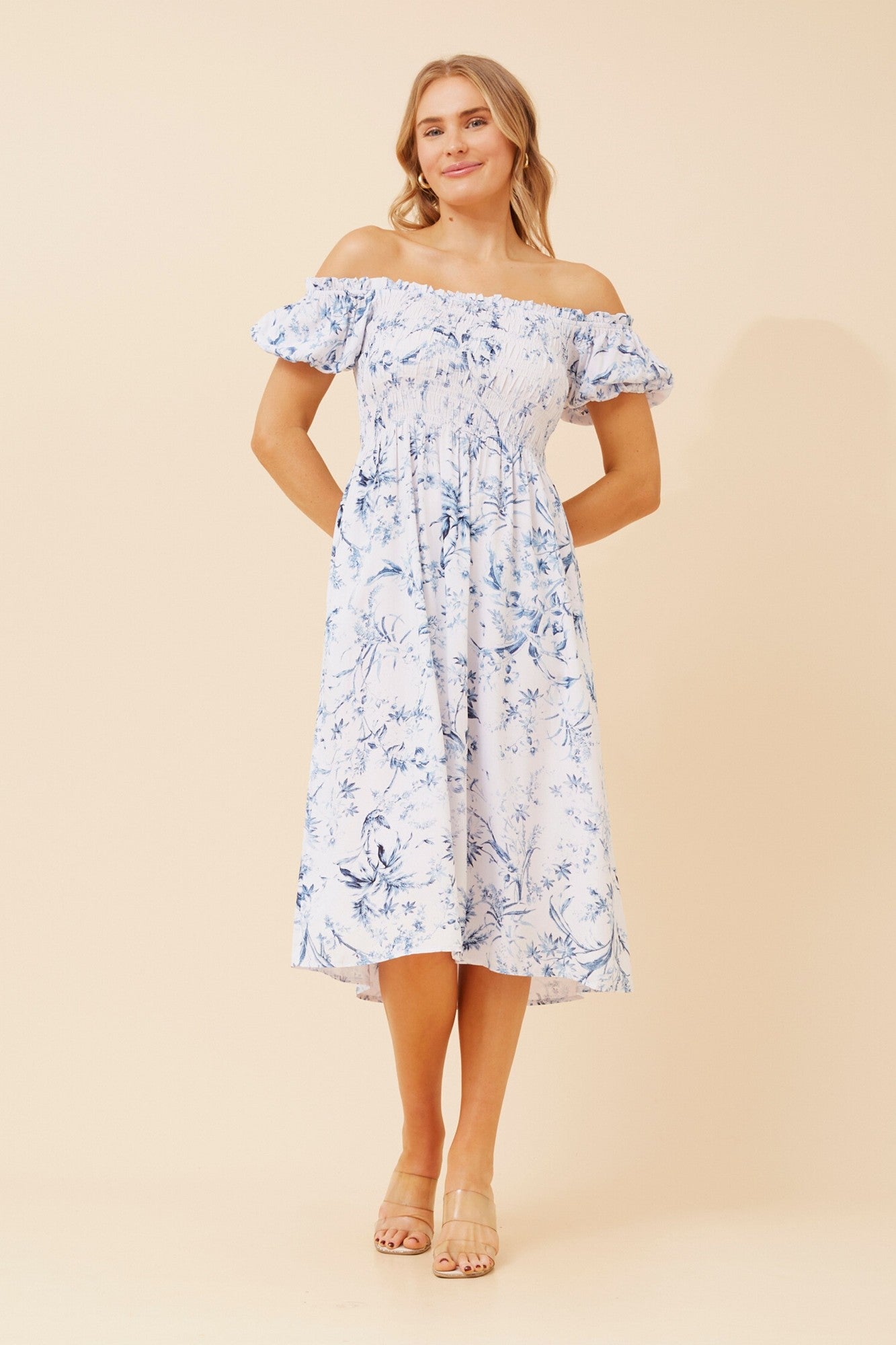KEEVAH FLORAL OFF SHOULDER MIDI DRESS (Blue)