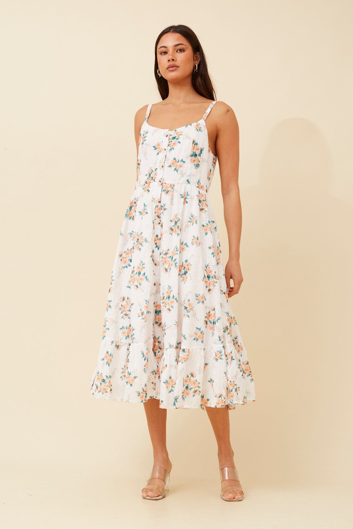 Image of Dresses. Product name - AMAR FLORAL MIDI DRESS in Multi White colour by brand - Caroline Morgan Australia