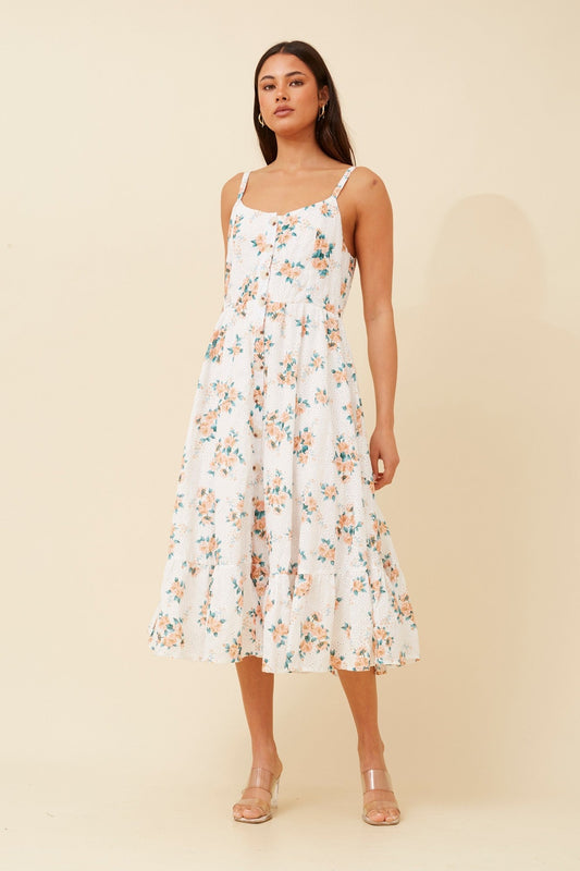 Image of Dresses. Product name - AMAR FLORAL MIDI DRESS in Multi White colour by brand - Caroline Morgan Australia