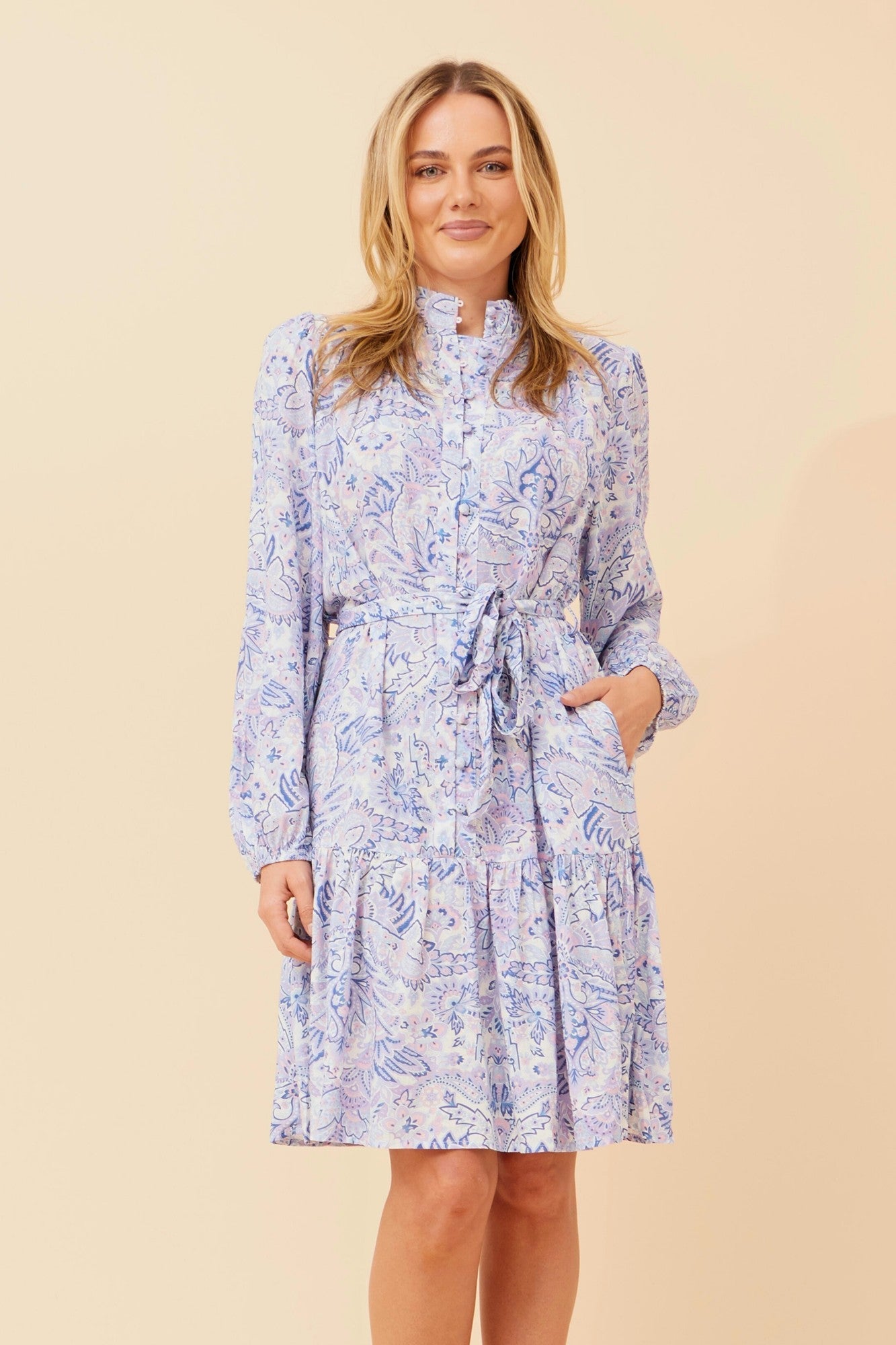 Image of Dresses. Product name - MINERVA FLORAL DRESS in Multi Blue colour by brand - Caroline Morgan Australia