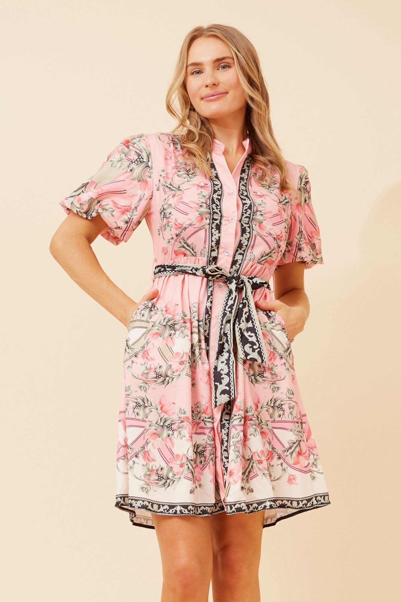 LISBETH BORDER PRINT DRESS (Coral)