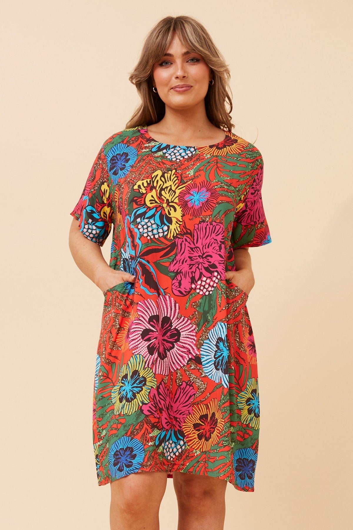 VINE FLORAL SHIFT DRESS (Multi Red)